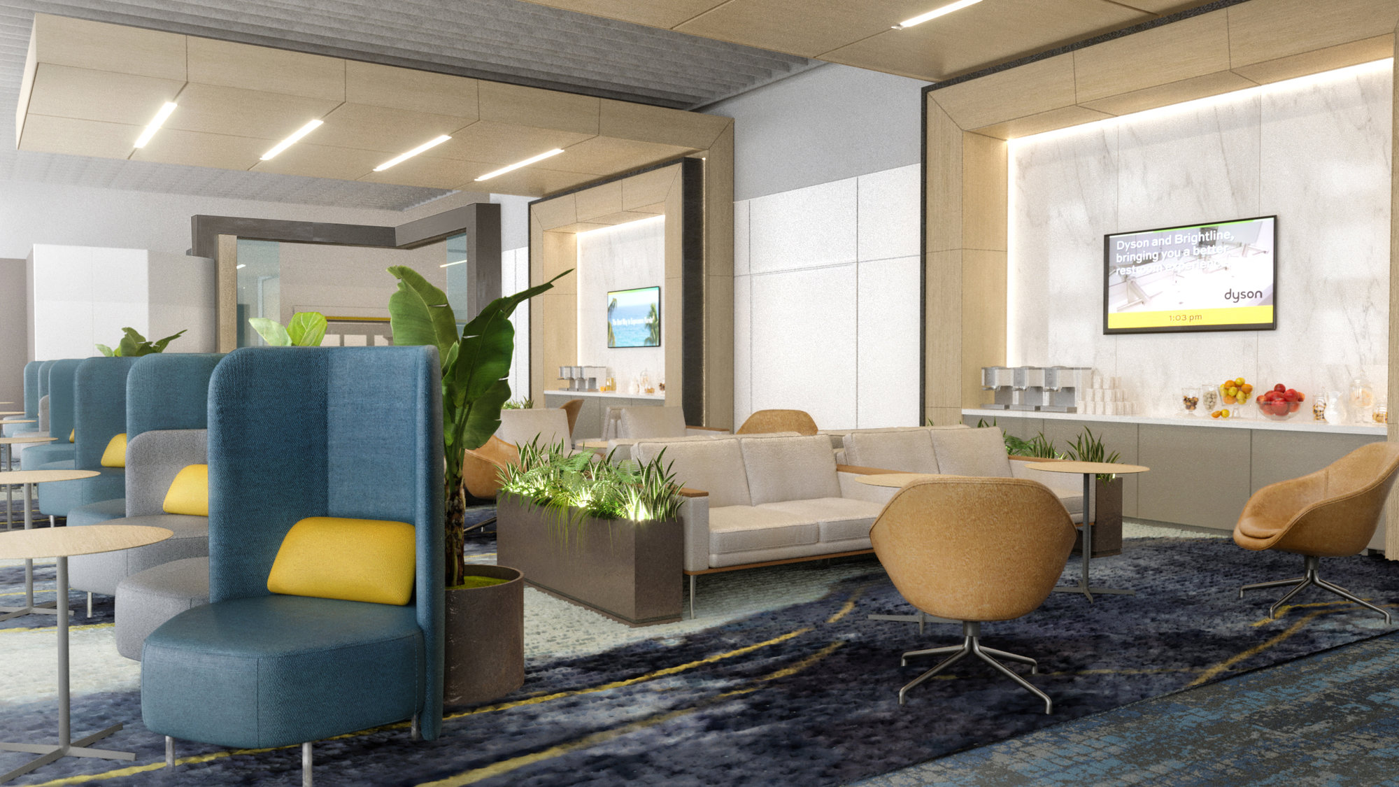 brightline premium lounge with blue chairs and brown couches in a secluded area